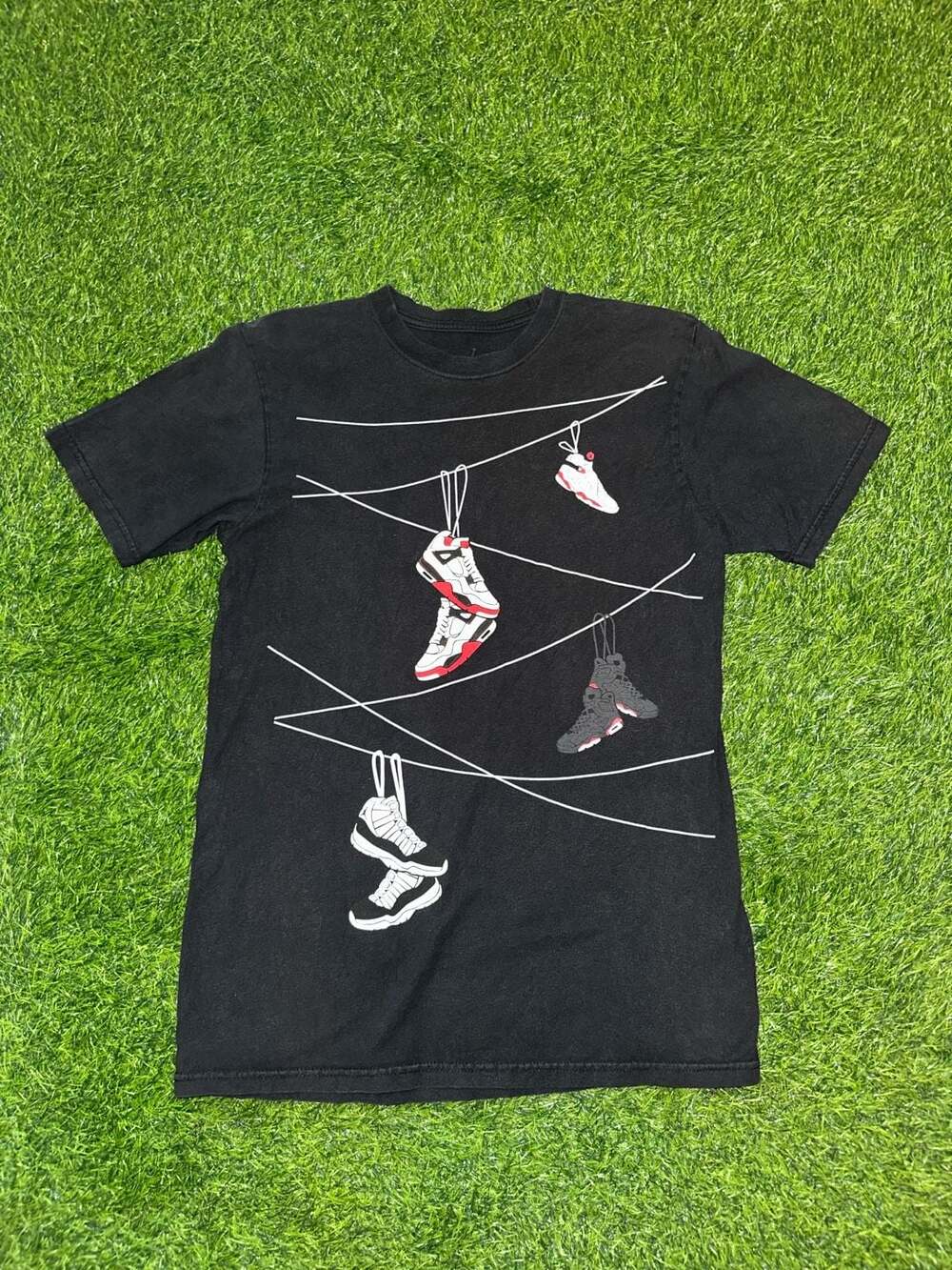Nike Jordan Black T-Shirt with Hanging Sneaker Graphics and Jumpman Logo